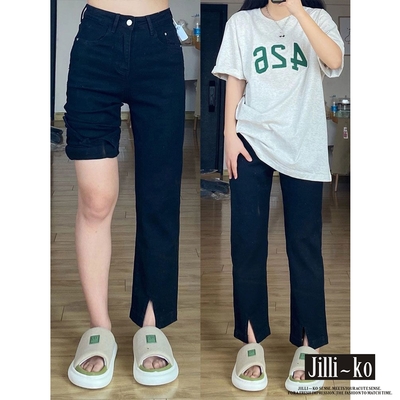 jilli-ko 中腰顯瘦開衩設計工作休閒直筒褲- 黑色