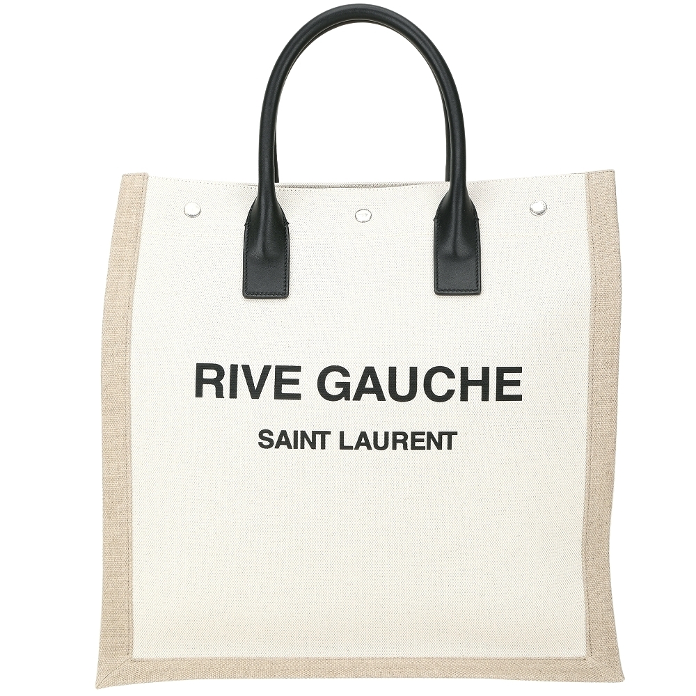 YSL Saint Laurent Rive Gauche 印花亞麻帆布手提托特包(米白色)