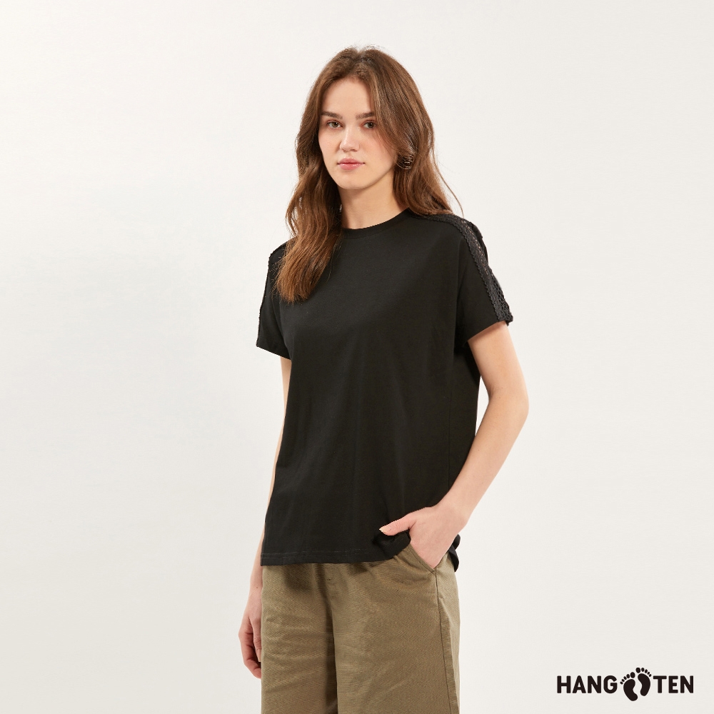 Hang Ten-女裝-單面棉斜肩連袖蕾絲織條休閑短袖T恤-黑