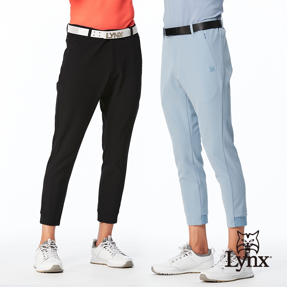 【Lynx Golf】首爾高桿風格！男款防風防潑水機能隱形拉鍊口袋羅紋剪接山貓膠標平口窄管休閒長褲(二色)