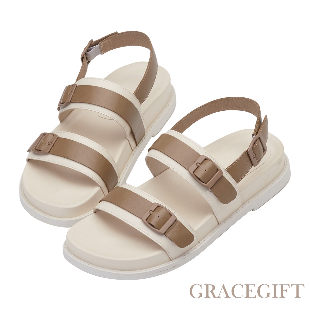 【Grace Gift】逸歡聯名-仲夏愜意雙帶休閒涼鞋 白X棕