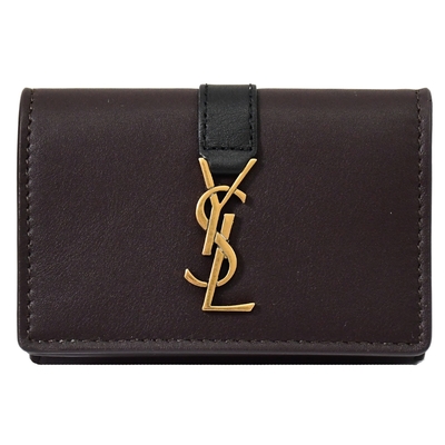 YSL Saint Laurent 金屬LOGO小牛皮三折釦式小短夾(深棕)