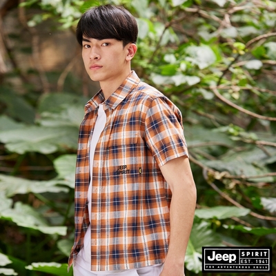 JEEP 男裝 品牌LOGO格紋短袖襯衫-橘色