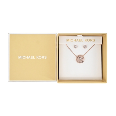 MICHAEL KORS BRASS水鑽LOGO耳環/項鍊禮盒-粉色