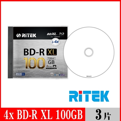 RITEK 4x BD-R XL 100GB 珍珠白可列印式/單片盒裝3入