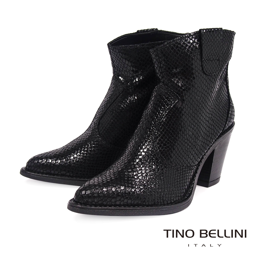 Tino Bellini義大利進口牛漆皮蛇紋高跟短靴_黑