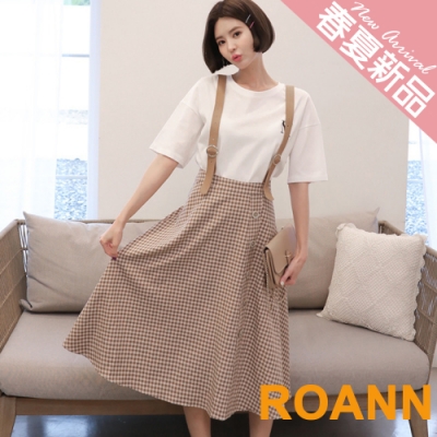 復古風細格紋吊帶長裙 (咖啡色)-ROANN