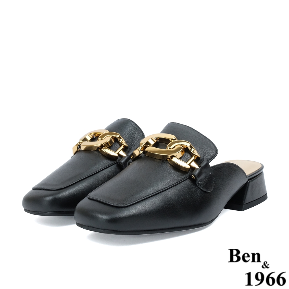 Ben&1966高級頭層牛皮流行金屬扣飾穆勒鞋-黑(226421)