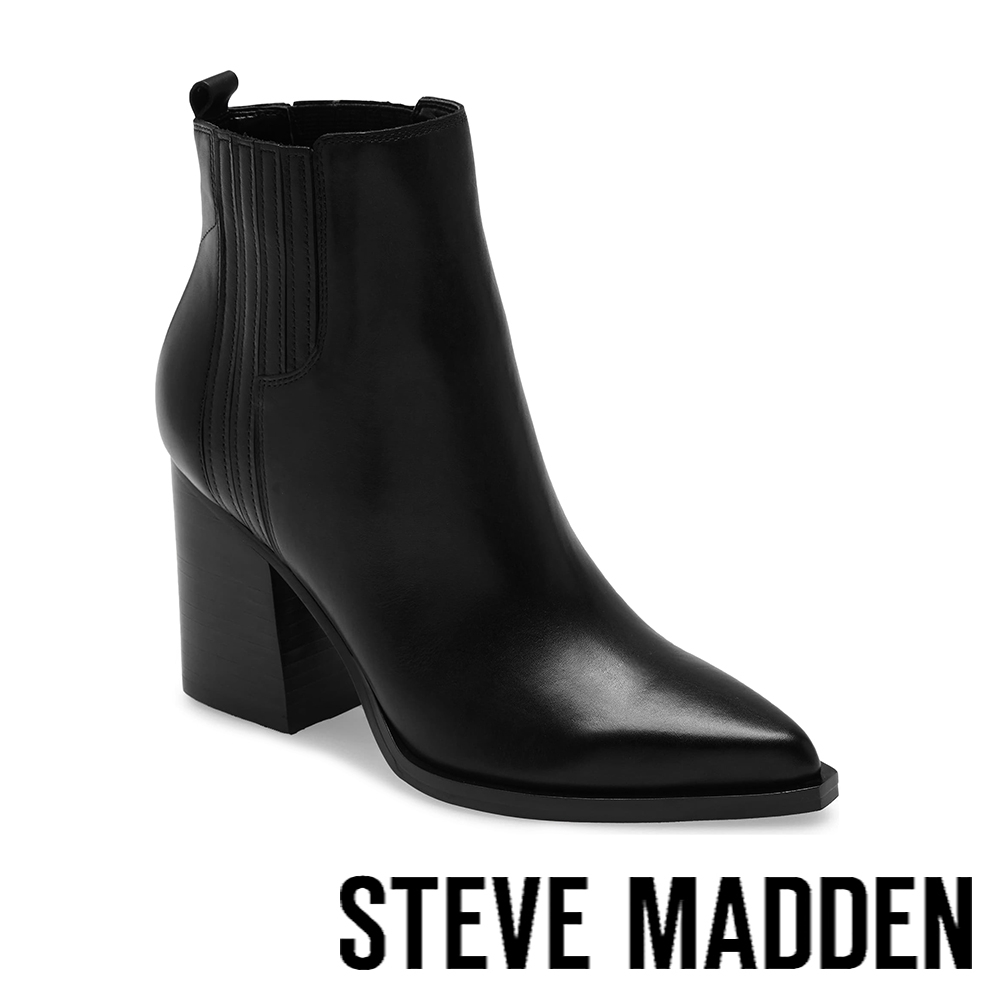 STEVE MADDEN-CHANDLER 側壓紋尖頭粗跟短靴-黑色