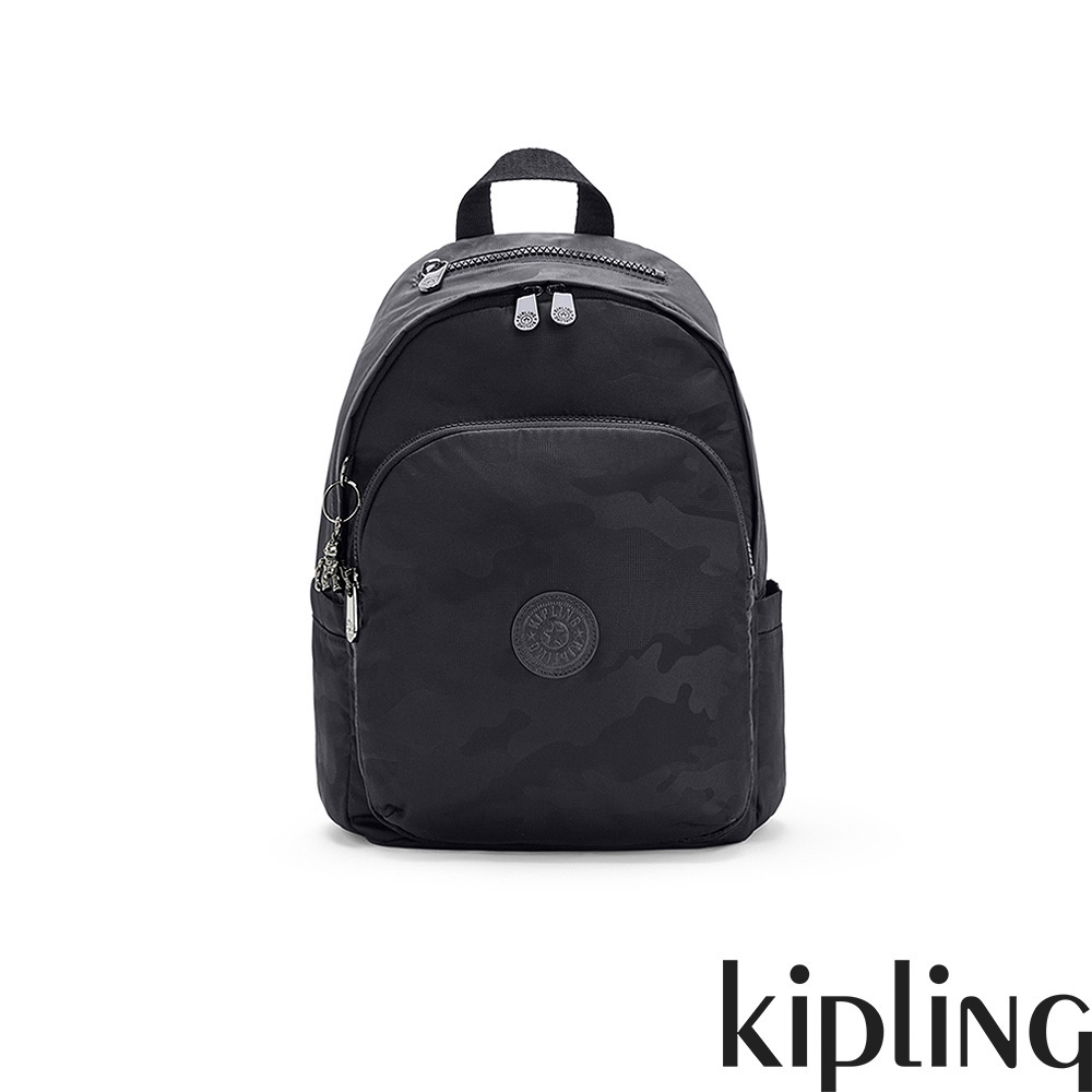 Kipling 中性紳黑迷彩印花上方拉鍊後背包-DELIA