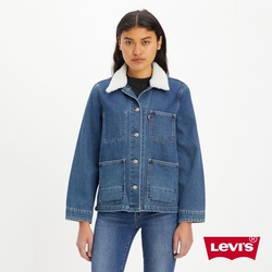 Levis 女款 牛仔工裝外套 / Warm機能保暖內刷毛 / Sherpa翻領棉花絨 / 深藍水洗