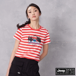 JEEP 女裝 美式休閒印花條紋短袖T恤-紅色