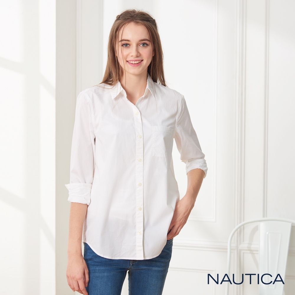 Nautica女裝經典純棉長袖襯衫-米白