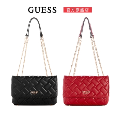 【GUESS】編織縫線LOGO皮革斜背包-兩色任選