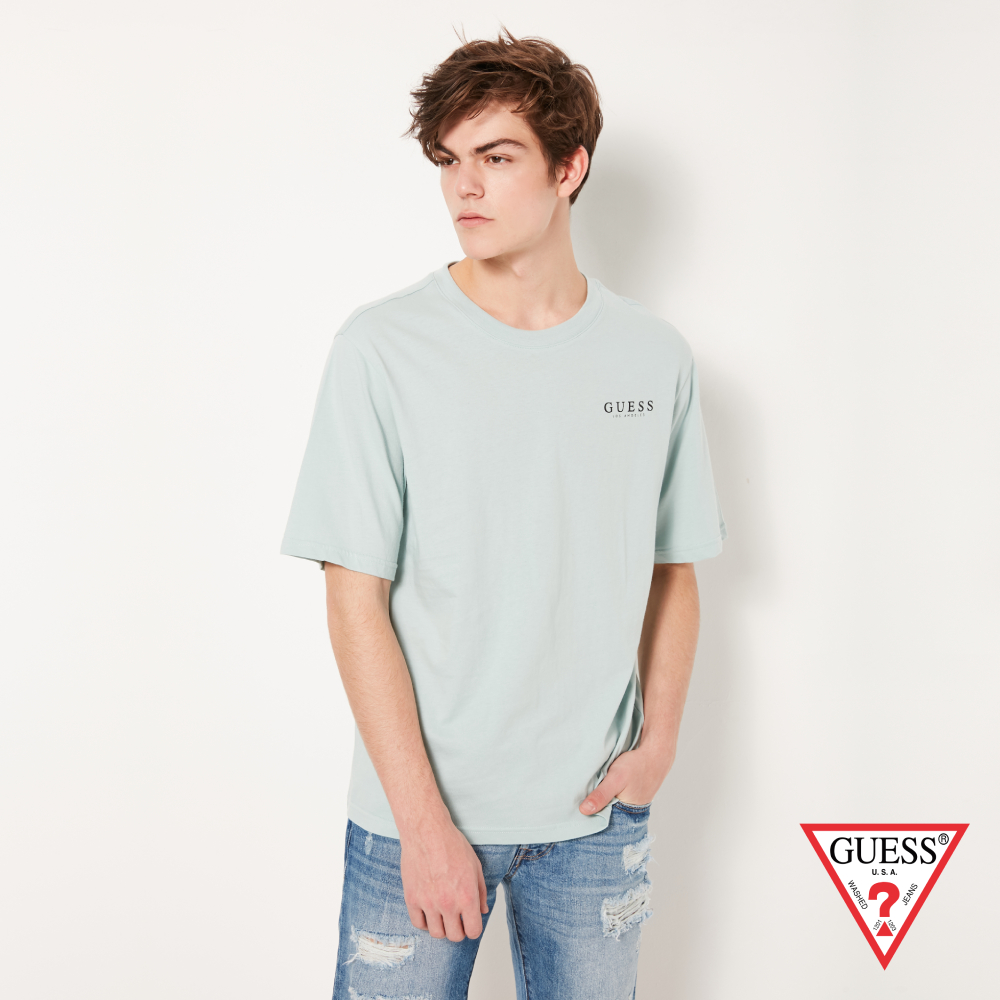 GUESS-男裝-純色背部經典雙OGO短T,T恤-藍綠 原價1290