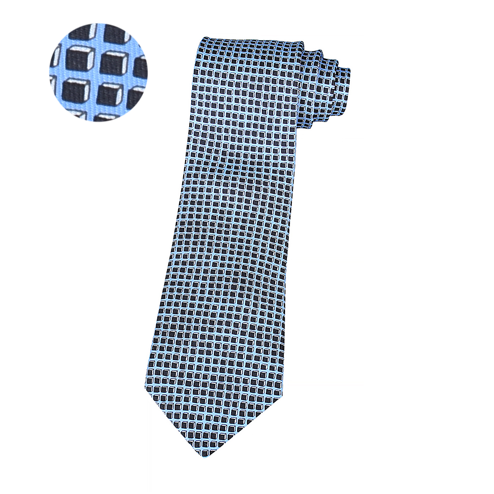 HERMES愛馬仕經典緹花LOGO黑立方格設計蠶絲領帶(薰衣草藍)