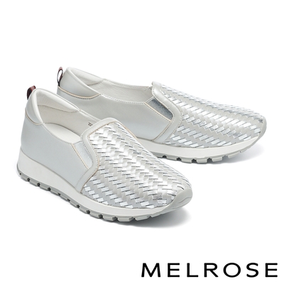 休閒鞋 MELROSE 美樂斯 質感時髦編織造型真皮厚底休閒鞋－銀