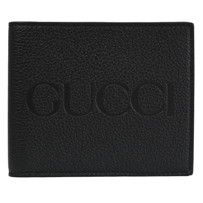 GUCCI 品牌烙印LOGO荔枝壓紋對開六卡短夾(黑)