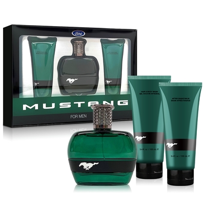 FORD MUSTANG 福特野馬 美式傳奇綠鑽男性淡香水禮盒-淡香水100ml+2合1沐浴膠100ml+鬍後膠100ml