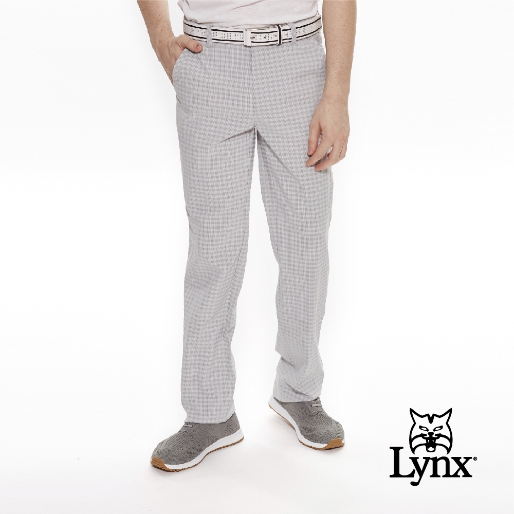 【Lynx Golf】男款日本進口布料橫條暗紋平口休閒長褲-灰色