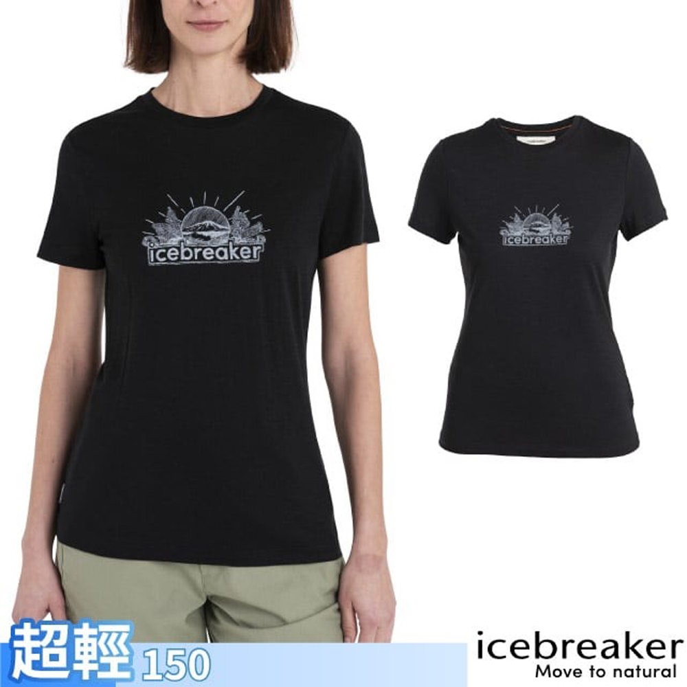 【Icebreaker】女 100%美麗諾羊毛 Tech Lite III 圓領短袖上衣(光輝景致)-150.T恤_IB0A56YF-001 黑
