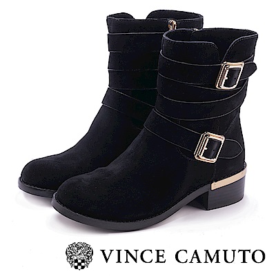 VINCE CAMUTO 金屬扣雙繫帶低跟中筒靴-絨黑