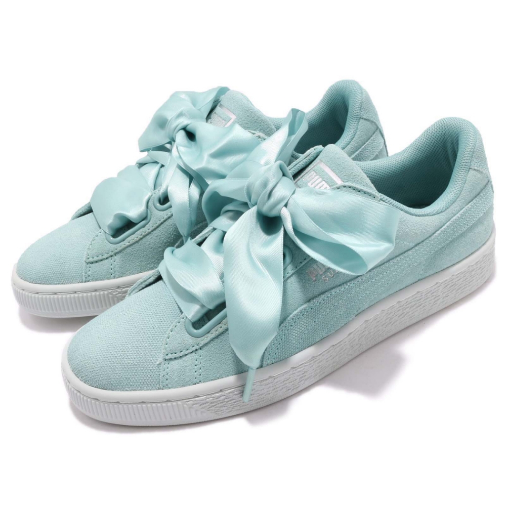 Puma 休閒鞋 Suede Heart 女鞋 復古 麂皮 緞帶 蝴蝶結 雷哈娜 女 湖水綠  36521003