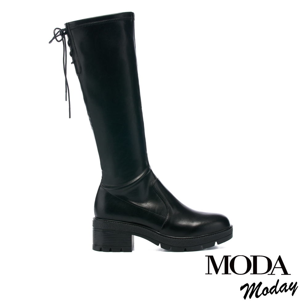 長靴 MODA MODAY 時髦彈力後綁帶拼接粗高跟長靴－黑