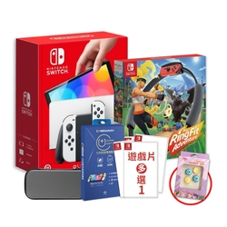 Switch OLED 款式主機(白色)+抗藍光保護貼+熱門遊戲任選一片+健身環+主機收納包 送貓咪類比套