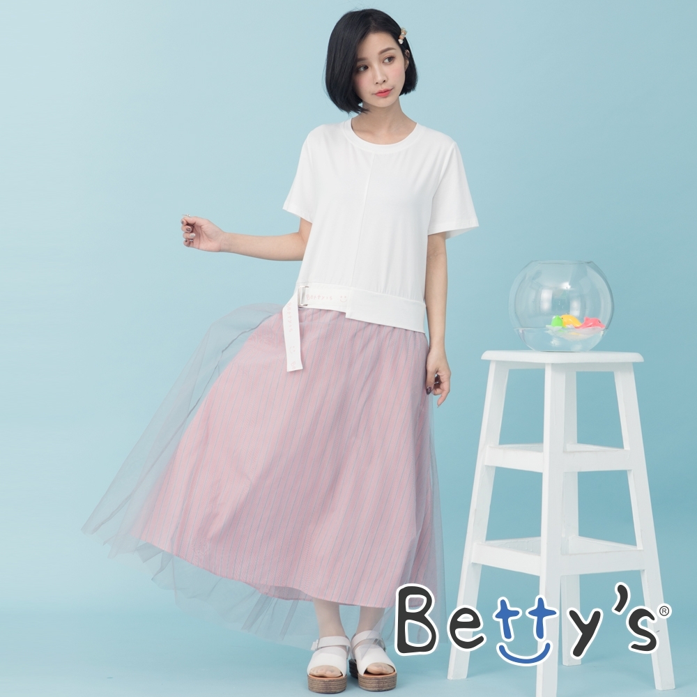 betty’s貝蒂思　圓領拼接條紋網紗洋裝(白色)