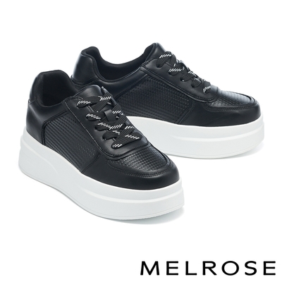 休閒鞋 MELROSE 美樂斯 率性壓紋牛皮綁帶厚底休閒鞋－黑