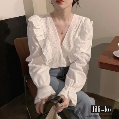 JILLI-KO 韓國風荷葉邊蕾絲拼接V領設計感襯衫- 白色