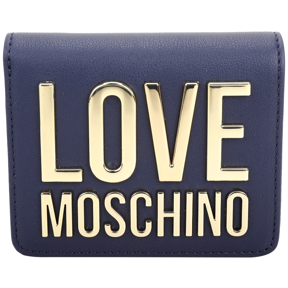 LOVE MOSCHINO 金色字母對折短夾(深藍色)