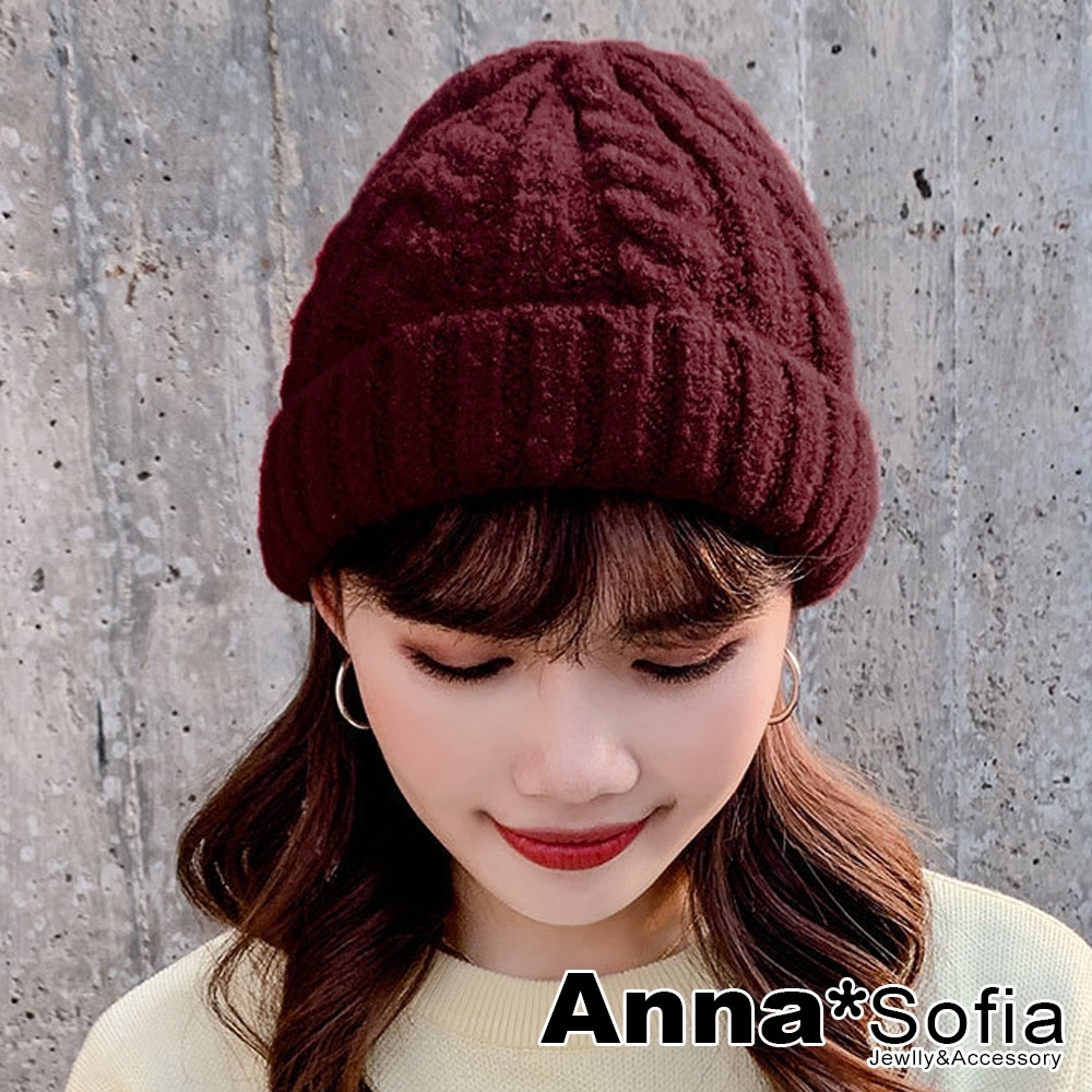 AnnaSofia 摺邊麻花編 厚感保暖毛線情侶毛帽(深酒紅系)