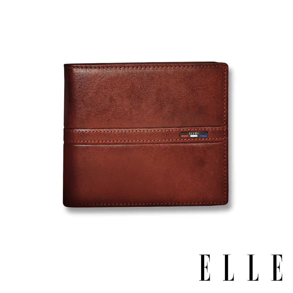 ELLE HOMME 70週年系列-3卡窗格簡約真皮皮夾/短夾/零錢袋- 紳士棕 EL207044