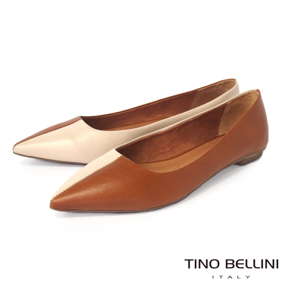Tino Bellini 巴西進口法式簡約雙色拼接尖頭平底鞋-米