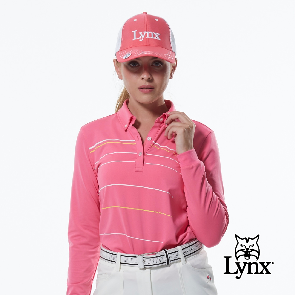【Lynx Golf】女款吸濕排汗極簡線條風領尖扣設計長袖POLO衫-桃紅色