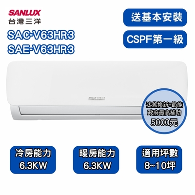 【SANLUX 台灣三洋】R32經典型 8-10坪 一級變頻冷暖分離式冷氣 SAE-V63HR3/SAC-V63HR3