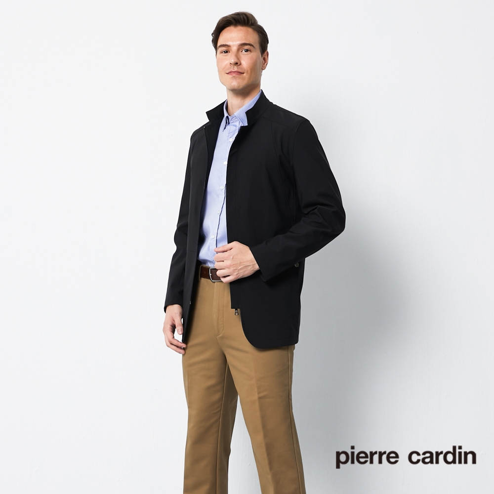 Pierre Cardin皮爾卡登男裝都會休閒小立領修身版薄夾克外套-黑色