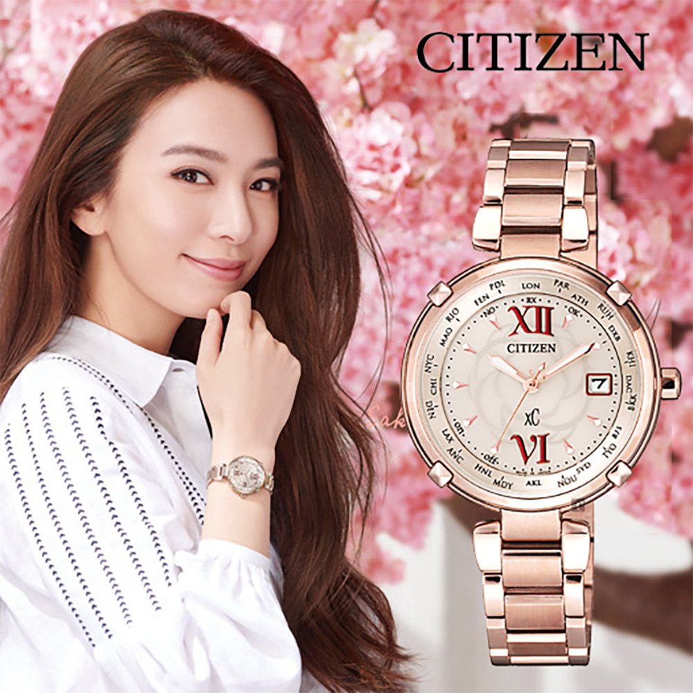 CITIZEN 星辰 XC 薔薇 鈦 光動能電波女錶-玫瑰金/30mm