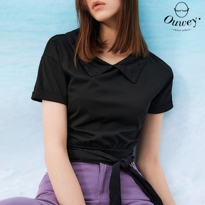 OUWEY歐薇 甜美迷人活動腰帶短版純棉上衣(黑色；S-L)3232171203