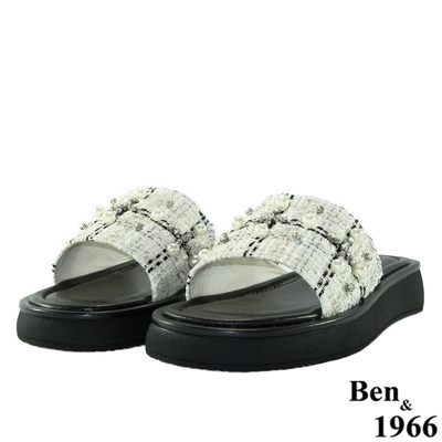 Ben&1966高級頭層羊皮流行格紋布厚底拖鞋-米白(216492)