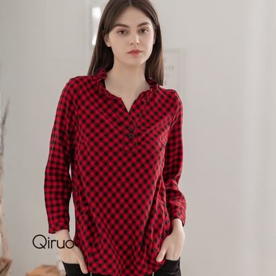 【Qiruo 奇若名品】紅黑格紋造型襯衫2255A(小荷葉領口設計長袖襯衫)