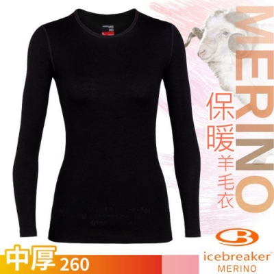 Icebreaker 女 260 Tech 美麗諾羊毛中厚款長袖圓領上衣_黑