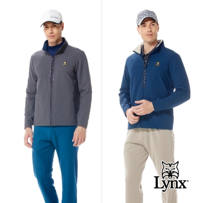 【Lynx Golf】男款防潑水刷毛保暖門襟蓋布造型印花隱形拉鍊口袋長袖外套(二色)