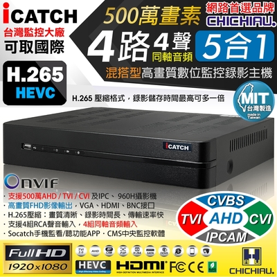 奇巧 H.265 4路4聲同軸音頻 500萬 AHD TVI CVI 1080P台製iCATCH數位高清遠端監控錄影主機