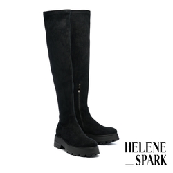 長靴 HELENE_SPARK 摩登氣勢純色彈力麂布厚底過膝長靴－黑