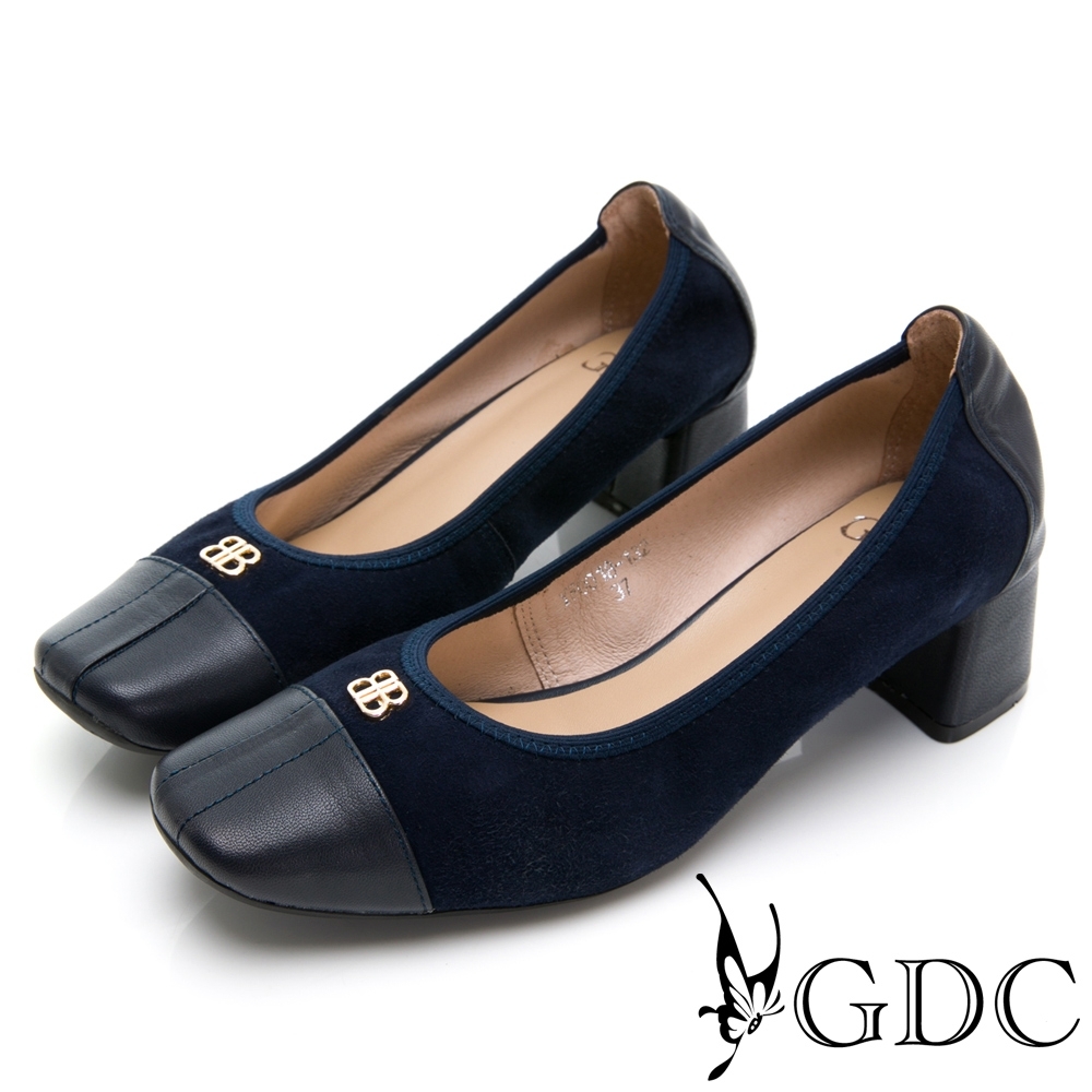 GDC-小香風真皮素色拼接金屬扣飾上班中跟鞋-藍色