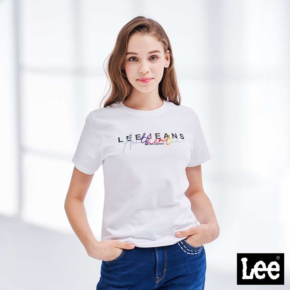 Lee 女款 彩色刺繡Lee Jeans短袖圓領T恤 白