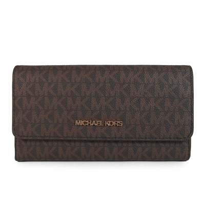 MICHAEL KORS Jet Set Travel 金字Logo滿版MK三折壓扣式多卡長夾(咖啡色)